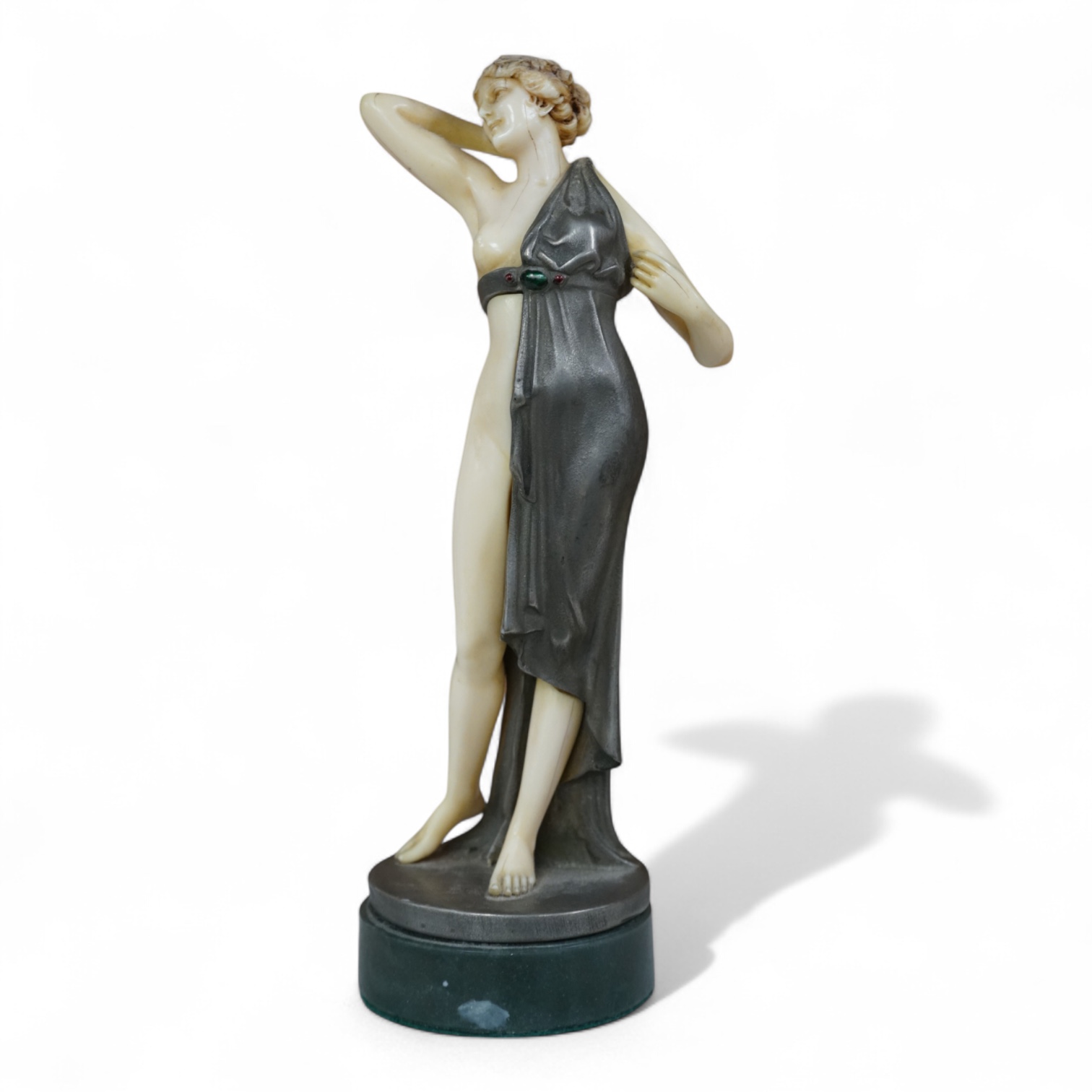 After F. Preiss, an Art Deco style silvered metal and ivorine figure, 'Vanity', 22cm high